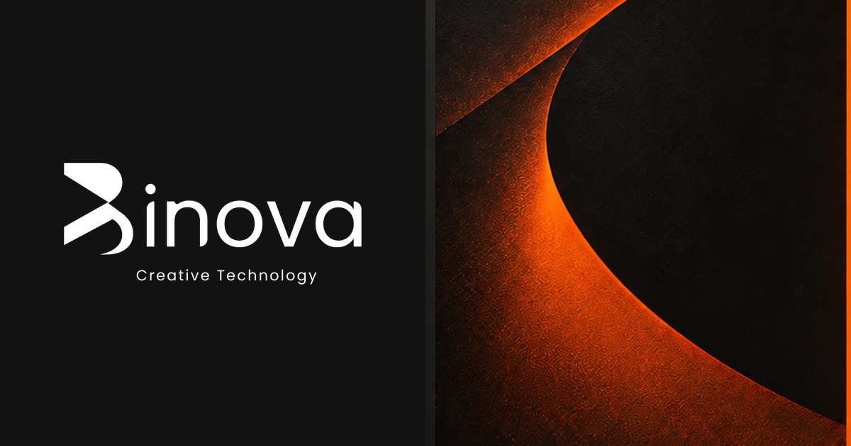 Logotipo Binova sobre painel preto com curva de luz laranja